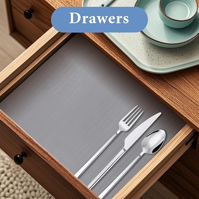 Shelf Liners for Kitchen Cabinets Non Adhesive Drawer Liner 12in x 20FT Pure Grey Thickened Shelf Liner Strong Non-Slip Easy to Clean for Tool Box Refrigerator with Knife and Tape Measure