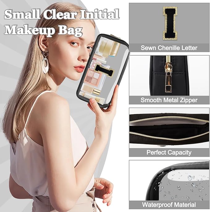Small Clear Personalized Initial Makeup Bag,Nylon Preppy A-Z Chenille Letter Patch Cosmetic Pouch Beach Toiletry Bag,Waterproof Zipper Travel Purse Storage Bag Organizer for Women Girls(Black-Black I)