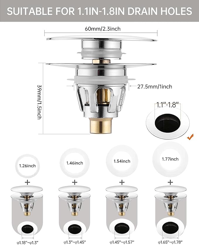 Fransiton Bathroom Sink Drain Stopper, Big-Cap Pop-up Drain Fits 1.1“-1.77”Lavatory Vanity RV Sink, Anti-Clogging Drain Plug with Detachable Hair Catcher, Chrome Plated