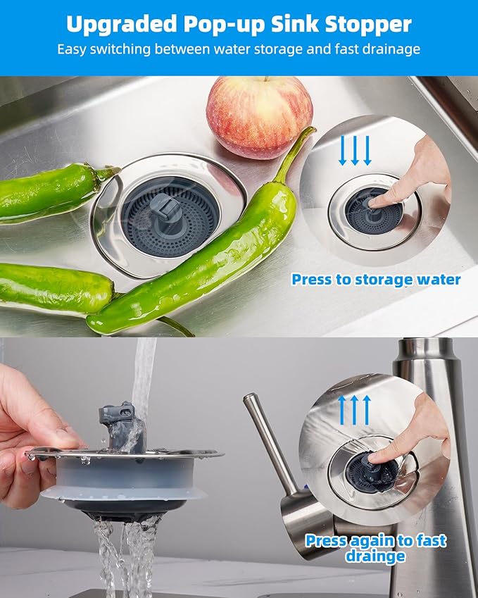 Hibbent 3-in-1 Kitchen Sink Drain Strainer and Stopper Combo, Chrome Stainless Steel Wrapped Shell, Anti-Clogging Basket Strainer with Foldable Handle for US Standard 3-1/2" Drain