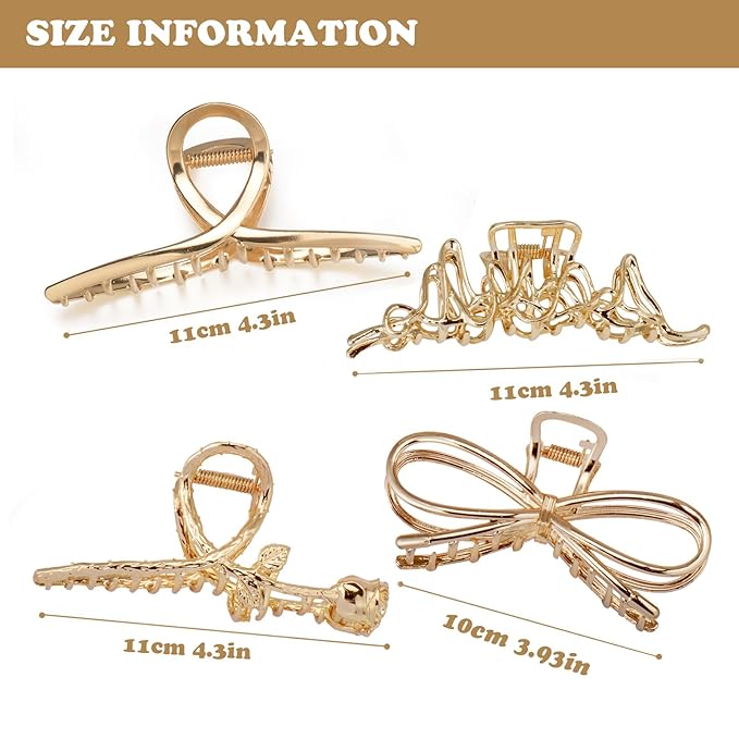 4 Pack Large Metal Hair Clips for Thin to Thick Curly Hair, 4.3 Inch Big Nonslip Gold Color Clamps, Perfect Fashion Jaw Claw Hair Styling Accessories for Women and Girls, Christmas Gifts