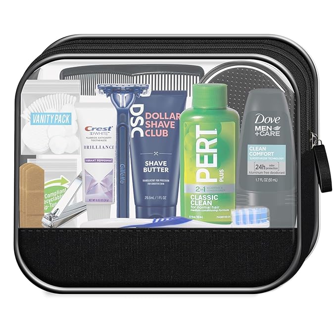 Convenience Kits International Men's 16-Piece Travel Skin Care and Body Care Kit with Shampoo, Body Wash, Lotion, Deodorant in Reusable Toiletry Bag, 40 Count Bulk Case