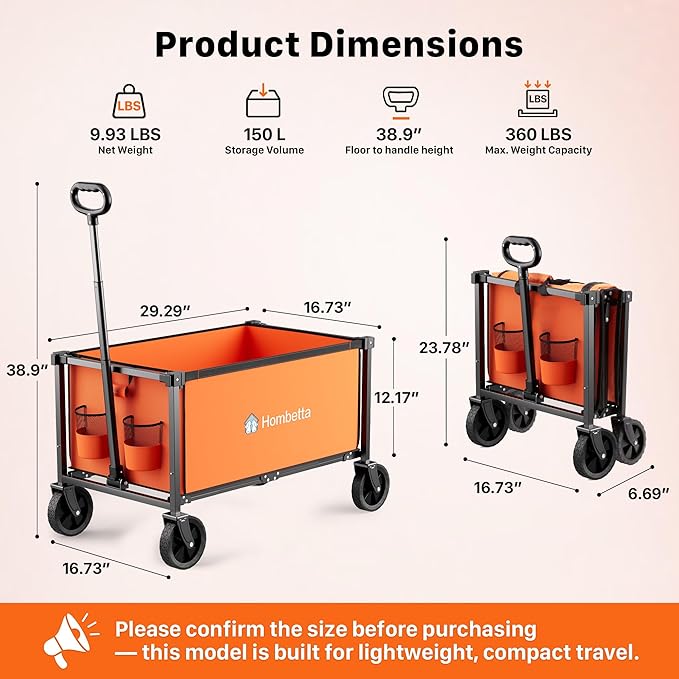 Collapsible Wagon Cart with Wheels, 150L Lightweight Foldable Utility Cart, Portable Rolling Wagon for Garden, Shopping, Sports, Camping, Transport, Orange