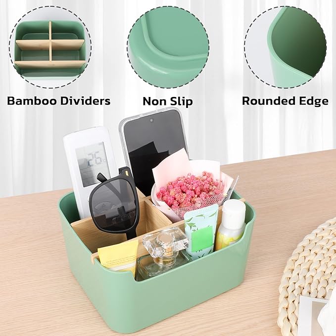 Segarty Green Remote Control Holder, Detachable Divided Bamboo Desk Organizer Caddy, Desktop Storage Box Pencil Pen Holder for Office Supplies Bedside Table Organizers