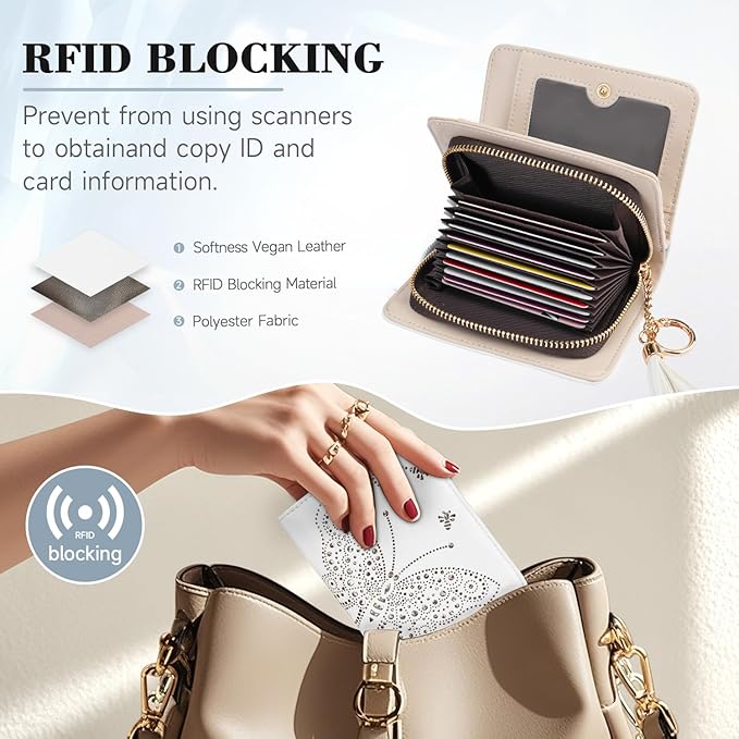 Women RFID Blocking Small Bifold Wallet, Compact Cash Clutch with Zipper Coin Pocket, Glittery Butterfly Design, Credit Card Holder, Travel Purse with Tassel WHITE