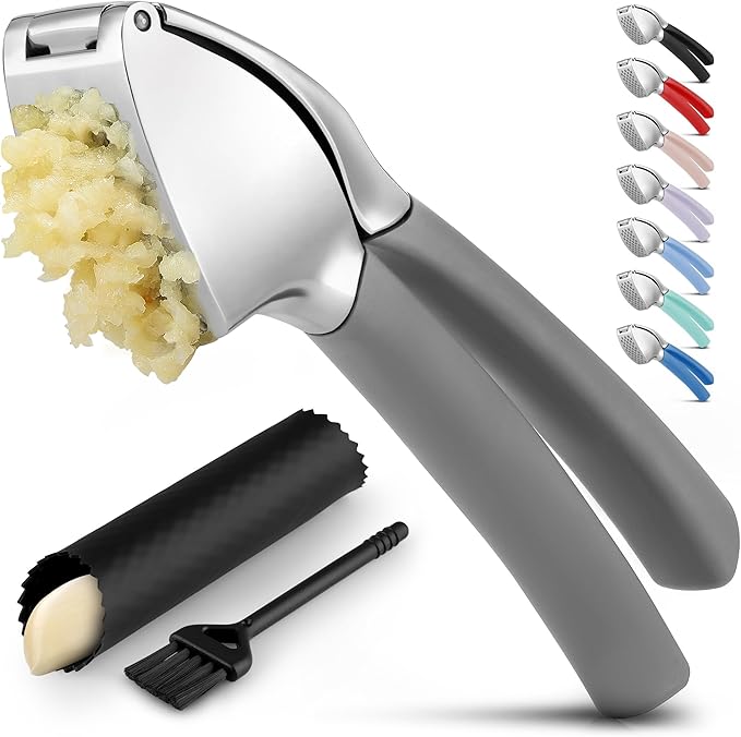 Zulay Kitchen Comfort Grip Garlic Press - Garlic Mincer Tool - Garlic Crusher - Garlic Press Mincer Rust Proof, with Soft Ergonomic Handle, Easy Clean Set with Peeler and Brush - Gray