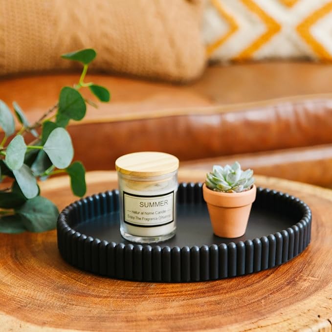11.8in Decorative Tray for Coffee Table Decor- Black Oval Concrete Tray for Home Decor- Scalloped Flat Modern Centerpieces Tray Decor for Living Room, Kitchen Dining Table, Entryway (Black)