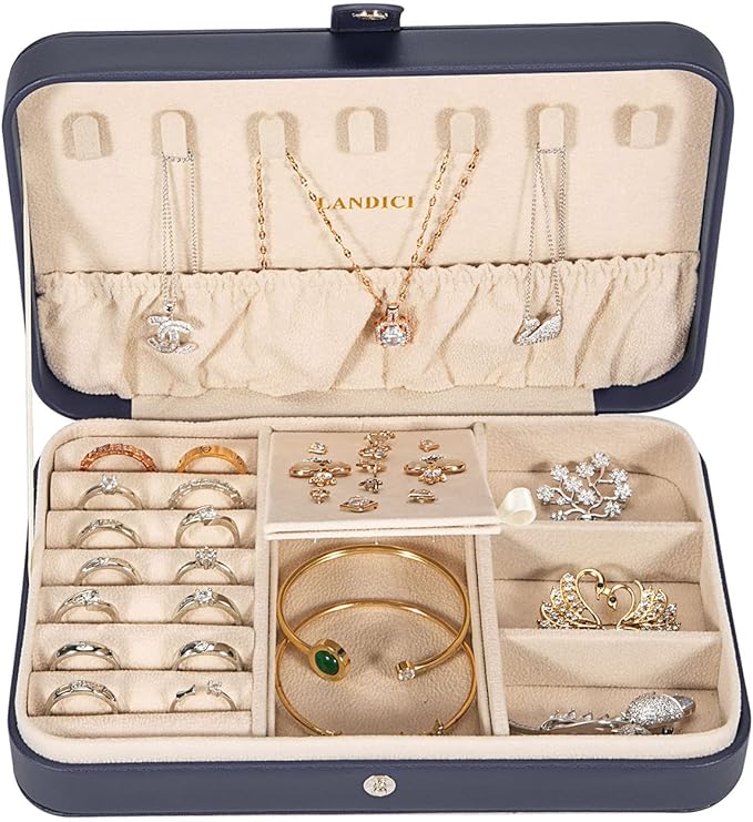 LANDICI Small Jewelry Box for Women Girls, PU Leather Travel Jewelry Case, Portable Jewelry Organizer Storage Holder Display for Ring Earrings Necklace Brooch Men Kids Gift, Dark Blue