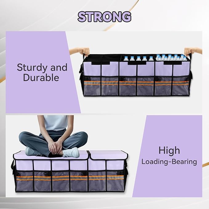 EAROND Car Trunk Organizer with Lid,Collapsible Car Storage Organizer with Multi Compartments and Securing Straps for SUV,Sedan,Jeep-Cyan