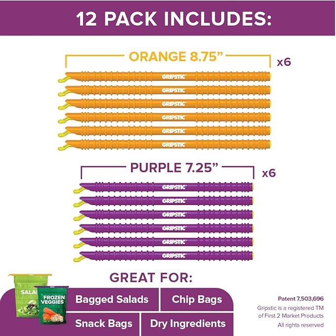 GRIPSTIC Bag Sealer - Reusable Chip Clips, Bag Clips. Patented. Airtight & Waterproof Seal on Food Storage Bags, Kids Snacks & More. Near Zero Waste. 12ct Medium