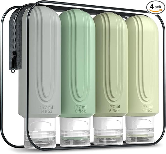 Mrsdry Travel Bottles for Toiletries, Large 6oz Oversize Containers, BPA Free Leak Proof Tubs Refillable Liquid Traveler Accessories with Toiletry Bag for Cosmetic Shampoo and Lotion Soap (4 Pack)