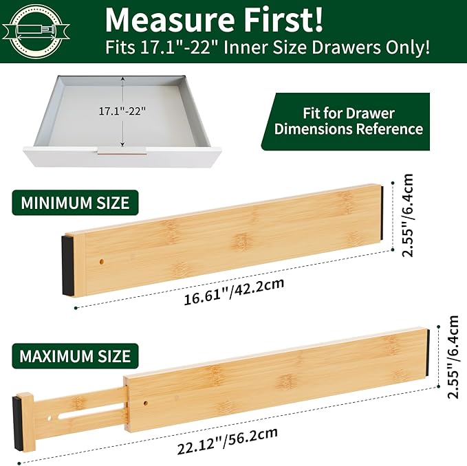 4 Pack Bamboo Drawer Dividers 2.6" High,17-22" Adjustable Spring Loaded Clothes Drawer Organizers for Kitchen, Dresser, Bathroom, Bedroom and Office