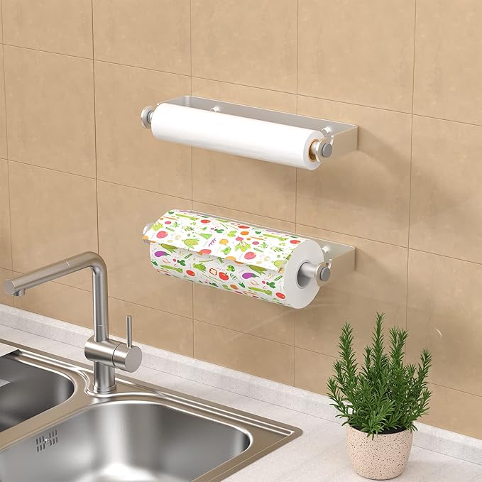 Under Cabinet Paper Towel Holder, Adhesive or Drill Mount Paper Towel Holder, Wall Mount Paper Towel Holders for Kitchen or Bathroom (Silver)