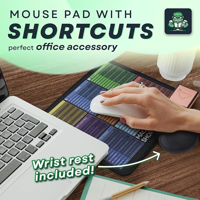[MacOS Compatible] Computer Shortcuts Mouse Pad for MacOS - Wrist Rest Included. Portable Mousepad, Cheat Sheet Office, Gaming Commands, PC Functions DeskMat Waterproof & Non-Slip Desk Pad [12” x 10”]