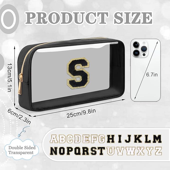 Small Clear Personalized Initial Makeup Bag,Nylon Preppy A-Z Chenille Letter Patch Cosmetic Pouch Beach Toiletry Bag,Waterproof Zipper Travel Purse Storage Bag Organizer for Women Girls(Black-Black S)