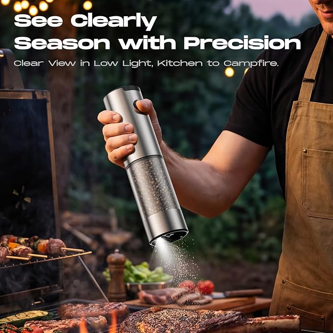 Electric Salt and Pepper Grinder Set, Battery Automatic Salt and Pepper Shaker with Adjustable Coarseness, Large Capacity Pepper Mill with LED Kitchen Appliances(Battery-Stainless Steel)