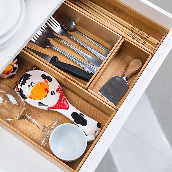 PRATIQUE Bamboo Drawer Organizer - Kitchen Utensil Organizer Silverware Tray Cutlery Holder, Office Desk Supplies and Accessories (5.9x3x2.6 inch)