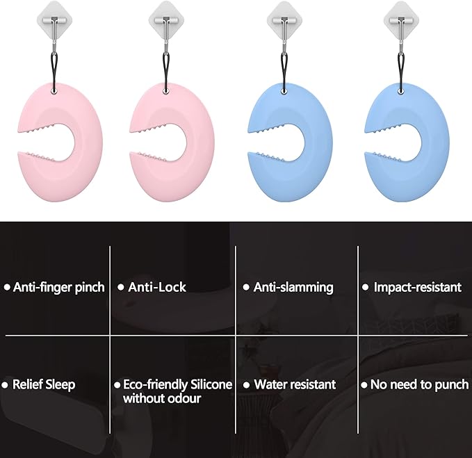 Door Pinch Guard and Door Slam Stopper, Durable Silicone Door Finger Pinch Guard, Prevents Slamming on Even Heavy Doors, Non-Toxic & Pet Friendly, 4 Packs (2 Pink 2 Blue)