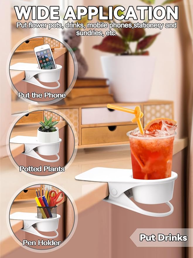 3PCS Drinking Cup Holder Clip, Kalolary Chair Desk Bottle Cup Stand DIY Glass Clamp Storage Saucer Clip for Potted Plant Beverage Soda Coffee Mug Holder Clip for Home & Office (White)