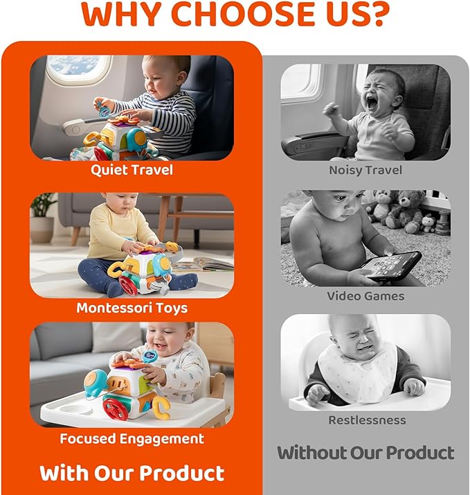 10-in-1 Montessori Busy Board for 1 Year Old - Toddler Toys 1-2 Years with Car Steering Wheel & Keys, Car Travel Toys for Toddlers 1-3, Sensory Activity Cube, Birthday Gifts Baby Boys Girls