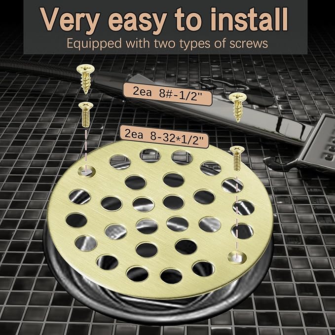 4“ Shower Strainer Drain Trim Set, Screw-in Shower Drain Cover Replacement Floor Strainer, Shower Cover Bathroom Drain Strainers (Brushed Gold)