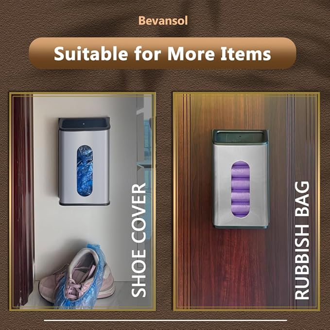 Plastic Bags Holder Grocery Dispenser for Kitchen Trash Bag Storage with Stainless Steel Front, Wall Mounted with Extra Wide Easy Access Openings