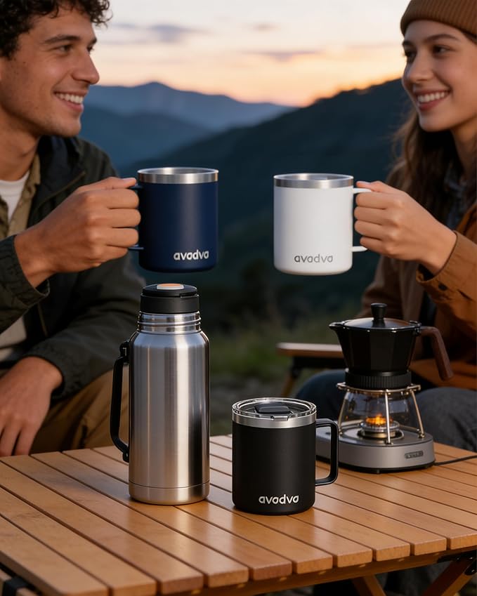 8 Pack 12oz Insulated Coffee Mug with Lid – Double Wall Stainless Steel Travel Cups with Handle, Keep Hot & Cold Drinks, Ideal Gift for Coffee Lovers, Home, Office & Camping (Assort colors)