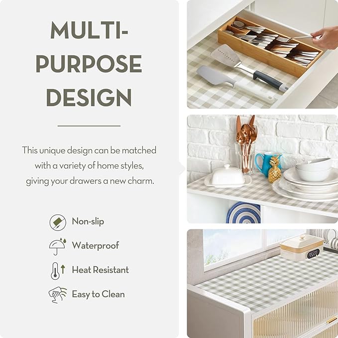 Drawer Shelf Liner, Non-Slip Kitchen Cabinet Liners Non-Adhesive Thick Strong Grip Waterproof Mats Protect Dresser Shelves Cupboard Bathroom Cabinets, Green Plaid, 17.5 in X 30 FT