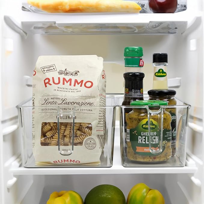 2pcs Clear Kitchen Storage Bins, pantry organizers and storage, Small Clear Containers for Organizing, Fridge Organizer, Cabinet Shelf Storage Bins (M+S)