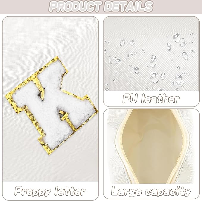 Gifts for Girls Initial Makeup Bag Personalized Cosmetic Bag with Zipper Cute Travel Toiletry Bags Waterproof PU Preppy Makeup Pouch Birthday Gift for Teen Girls Women(White K)