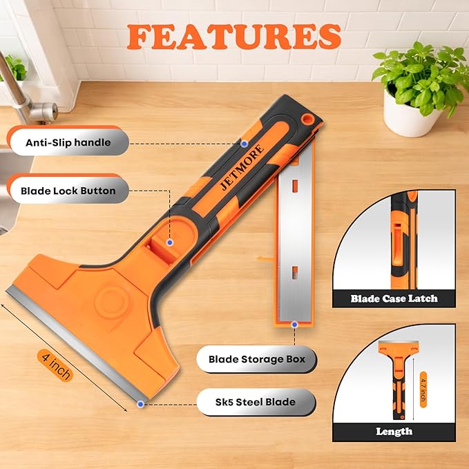 JETMORE Razor Blade Scraper, Scraper Tool with 15 PCS SK5 Steel Blades, Razor Scraper, Ergonomic Handle with Blade Storage Box, Scraper for Cleaning Windows, Glass, Oven, Stove, Kitchen, Floor, Paint
