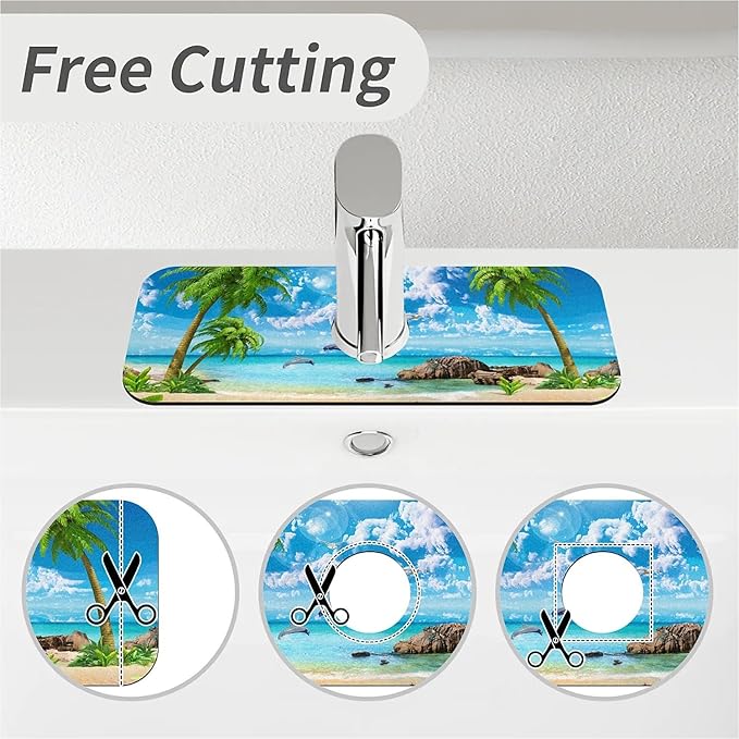 Kitchen Sink Splash Guard, Summer Coconut Beach Dolphins Faucet Mat Sink Gadgets - Super Absorbent Fast Drying Mat Drip Catcher for Kitchen, Bathroom, Sink Mat, Dish Drying Mat, Bathroom (15" X 5.5")