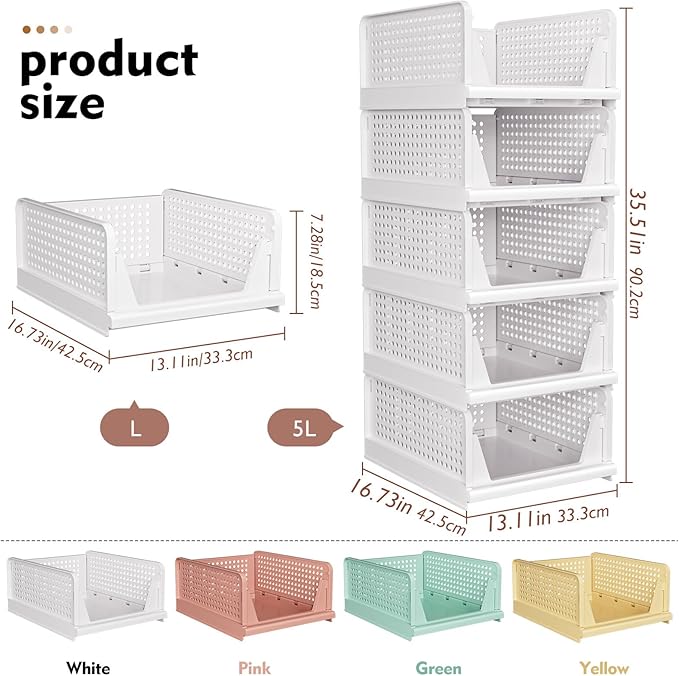 SNSLXH 5 Pack Stackable Closet Organizer Box, Multifunctional & Foldable Closet Storage Basket for Bathroom Kitchen Laundry Room Wardrobe Storage, Space-Saving Clothes Storage Drawer Organizer, Green
