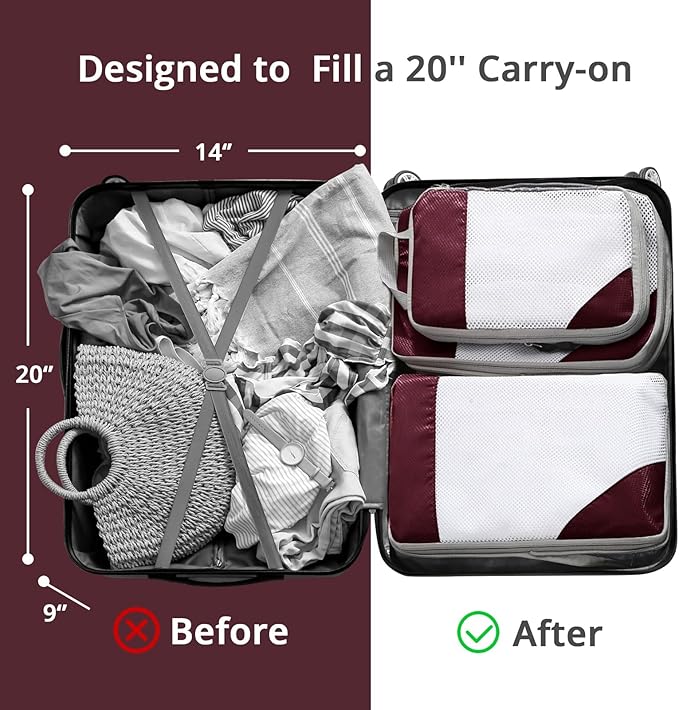9-Piece Compression Packing Cubes for Travel - Compressible, Lightweight, and Space-Saving Packing Cubes, Travel Essentials for Women, Wine