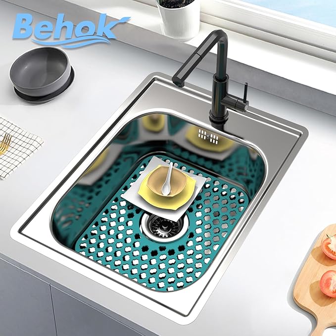 BEHOK Silicone Sink Protector for Kitchen Bathroom Sink, 2 Pack 13.58"x 11.6" Heat-resistant Mat, Non-Slip and Durable Silicone Protectors, Center Drain (Green)