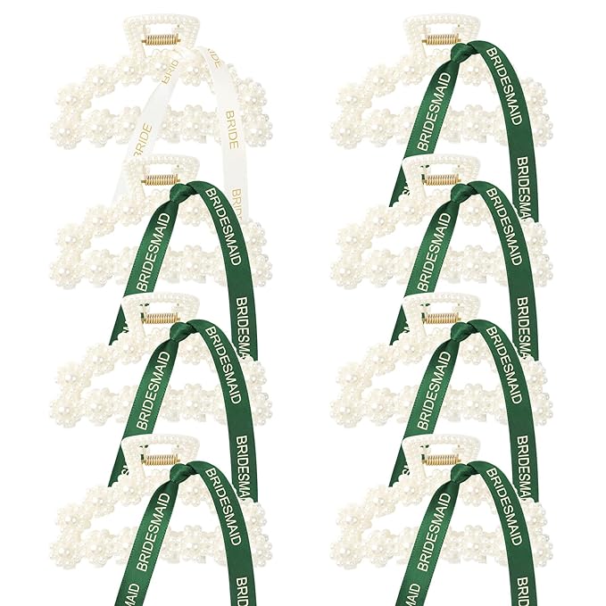 DEEKA Bridesmaid Proposal Gifts 8 Pack Pearl Bridesmaid Hair Claw Clips with Ribbon 3 Inch Hair Clips Bachelorette Party Favors Bridal Party Present Hair Accessories (Half Circle White&Dark Green)