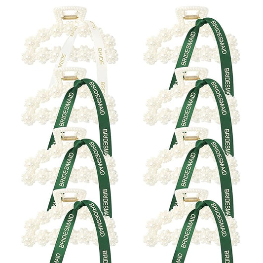 DEEKA Bridesmaid Proposal Gifts 8 Pack Pearl Bridesmaid Hair Claw Clips with Ribbon 3 Inch Hair Clips Bachelorette Party Favors Bridal Party Present Hair Accessories (Half Circle White&Dark Green)
