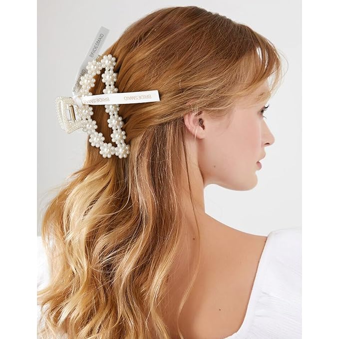 DEEKA Bridesmaid Proposal Gifts 8 Pack Pearl Bridesmaid Hair Claw Clips with Ribbon 3.7 Inch Large Hair Clips Bachelorette Party Favors Bridal Party Present Hair Accessories (Half Circle L)
