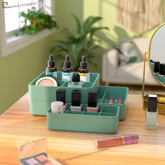 CHANCETSUI Drawer Organizer Storage Tray Set – Modular, Stackable Bins for Vanity, Bathroom, Makeup & Personal Care – Boho Style Plastic Trays with Customizable Slots, Durable & Space-Saving Design