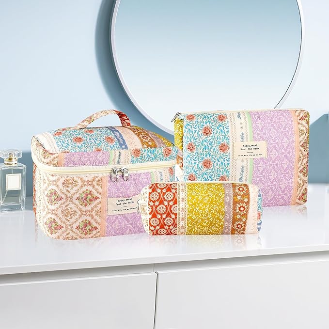 3Pc Cotton Quilted Makeup Bags for Women Large Small Coquette Floral Travel Cosmetic Bag Set Aesthetic Cute Flower Makeup Pouch Portable Toiletry Bag Puffy Essential Storage Organizer Bag