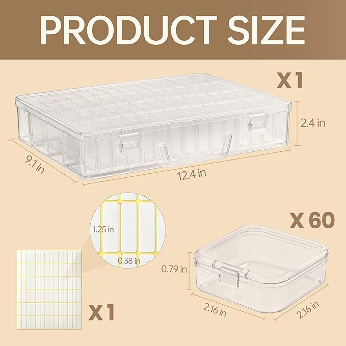 Bead Organizer Box, 60 Pack Small Clear Storage Boxes with Labels, Large Travel Craft Case with Handle, Mini Plastic Containers for Jewelry Making Diamonds DIY Pony Bracelet Screws Seeds Small Parts