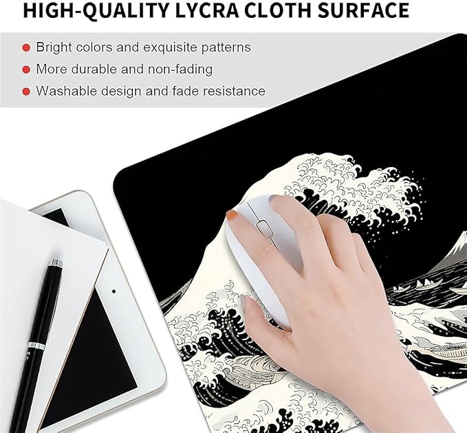 Square Mouse Pad Black Japanese Wave, Personalized Premium-Textured Custom Mouse Mat Design, Washable Mousepad Cloth, Non-Slip Rubber Base Computer Mouse Pads for Wireless Mouse