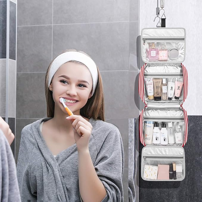 Bosidu Hanging Travel Toiletry Bag, Large Capacity Cosmetic Travel Toiletry Organizer for Women with 4 Compartments & 1 Sturdy Hook, Perfect for Travel/Daily Use/Christmas