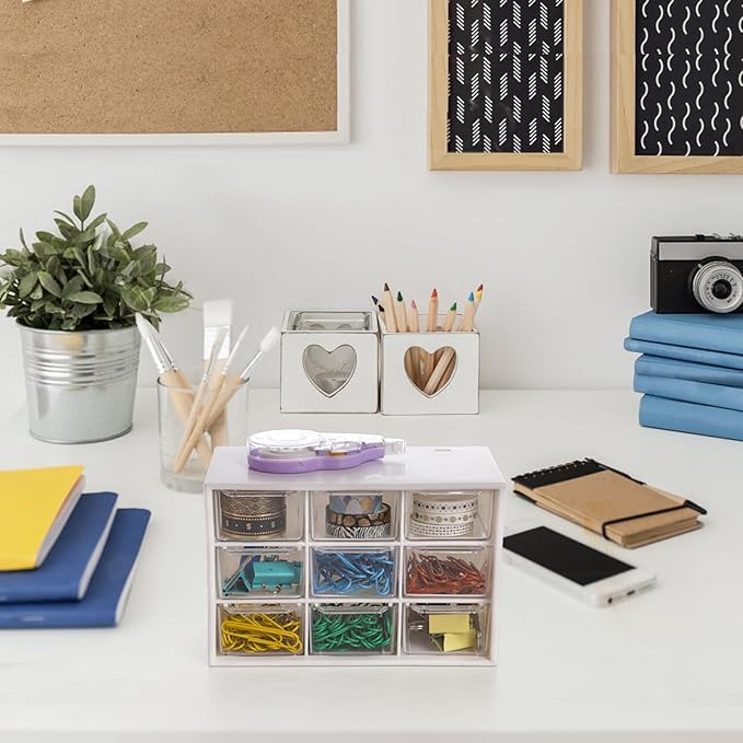 Hacaroa 6 Pack Mini Drawer Organizer with 9 Drawers, Plastic Desktop Craft Storage Case Box for Art Supply, Office Supplies, Cosmetics, Jewelry, Dorm Room, Off White