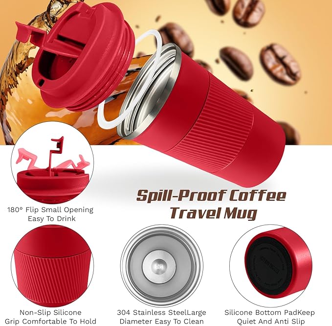 SPLMIFA Vacuum-Insulated Stainless Steel Travel Coffee Mug, Leak-Proof Reusable Coffee Cup with Lid - Keep Hot & Cold Drinks for Hours, Durable Insulated Tumbler for Men & Women(3rd-Red, 17OZ)