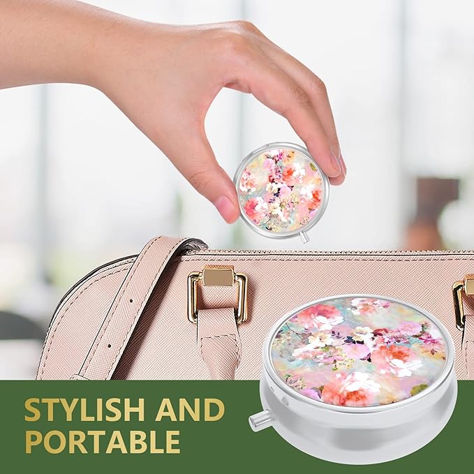 3 Pack Pill Box, Small Pill Case for Purse & Pocket, Cute Travel Medicine Organizer, Portable Medicine Container Holder to Hold Vitamins, Medication, Fish Oil & Supplement, Pink Flowers Leopard