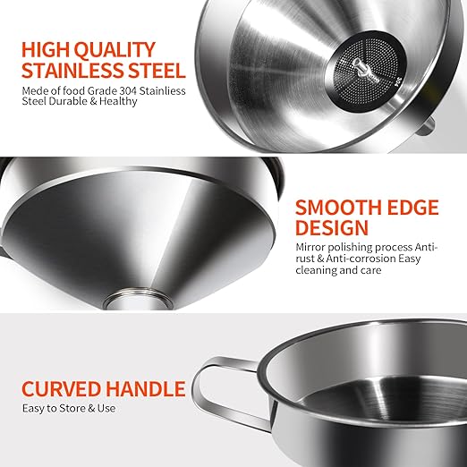 YGDZ Stainless Steel Funnel, 3PCS Kitchen Funnels for Filling Bottles Set, Large Food Grade Metal Funnel with 3pcs Removable Strainer, 2pcs Brushes, Funnels for Kitchen Use, Bottle Funnel for Liquid