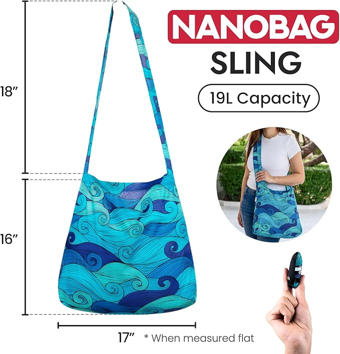 Nanobag Ultra-Lightweight Foldable Sling for Women & Men, Reusable Grocery & Travel Bag, Packable Collapsible Compact Market Crossbody (Sling Navy)
