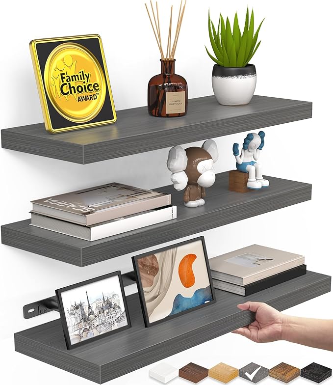 BAYKA Grey Floating Shelves for Wall, Wall Mounted Rustic Wood Shelves for Bathroom, Bedroom, Living Room, Kitchen, Small Hanging Shelf for Books/Storage/Room Decor (Set of 3, 15.7in)