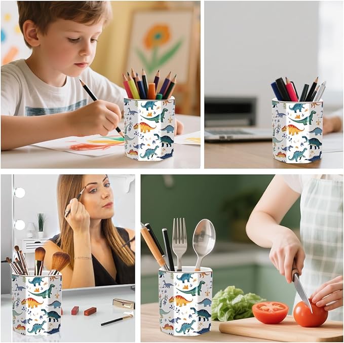 WAVEYU Pen Holder, Pencil Cup for Desk, Cute Desk Organizer, Durable Ceramic Decorative Makeup Brush Desktop Accessories, Stylish Stationery for Office, Home, Cute Dinosaur Pattern